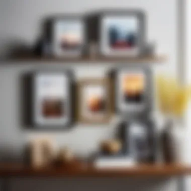 An elegant arrangement of photo frames on a shelf, blending with interior decor