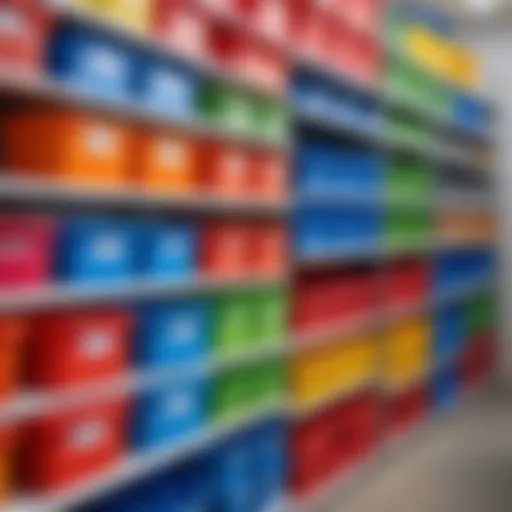 Colorful plastic storage boxes arranged neatly on a shelf