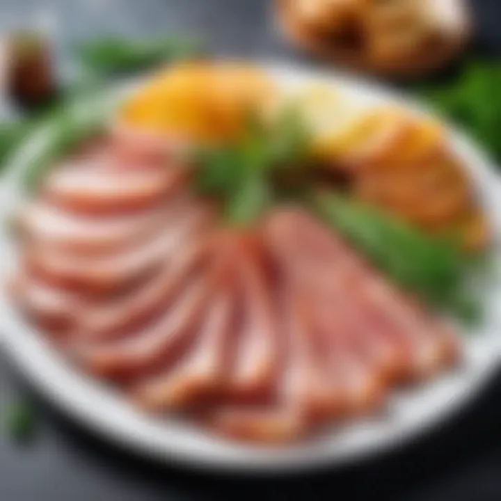 A platter elegantly arranged with slices of smoked bacon, fresh herbs, and complementary ingredients