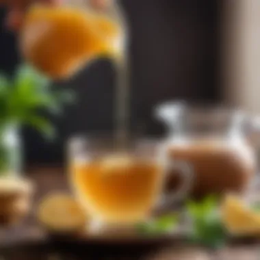 A tranquil scene of ginger tea being poured into a delicate cup, with herbs in the background