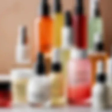 Close-up of a vibrant selection of serums and creams