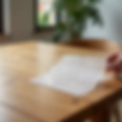 A close-up view of protective stickers applied on a wooden table, showcasing their transparency and durability.