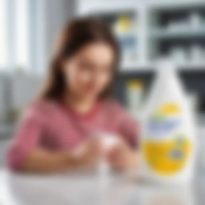 A parent reading labels on a fabric conditioner bottle