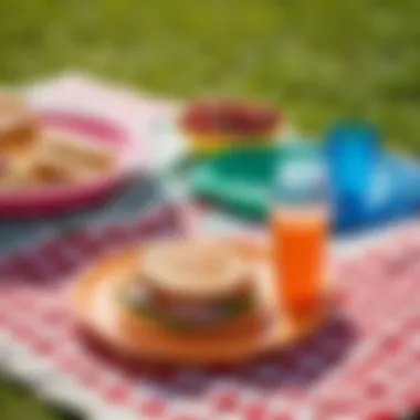 A vibrant picnic scene featuring reusable plastic plates in use.