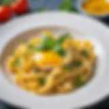 Elegant presentation of Rollton egg pasta dish garnished with herbs