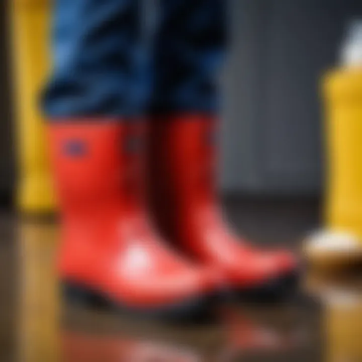 Close-up of rubber boots with care products