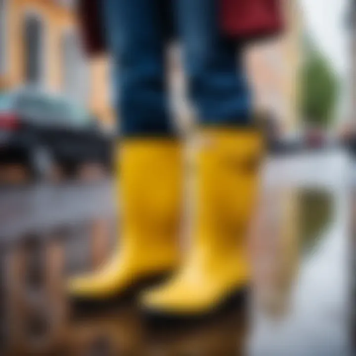 A person wearing stylish rubber boots in a rainy setting