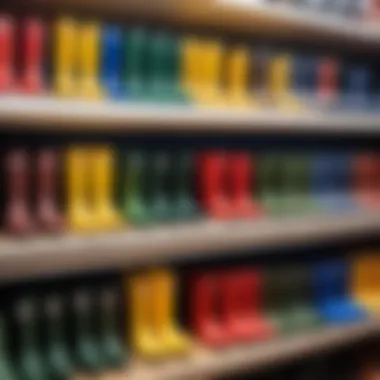 Variety of rubber boots displayed in a store