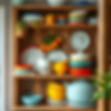 Rustic Wooden Shelf Filled with Vibrant Dishware Rustic wooden shelf filled with vibrant dishware and accessories