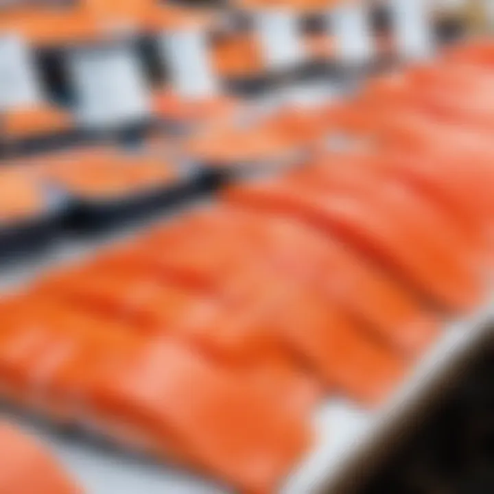 Selection of different types of salmon at a seafood market