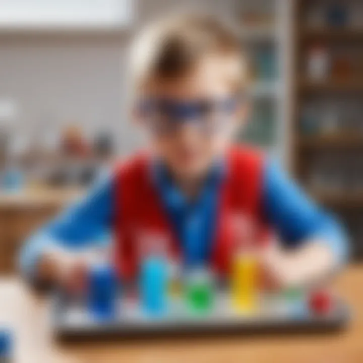 A child engaging with a chemistry experiment kit, surrounded by colorful materials.