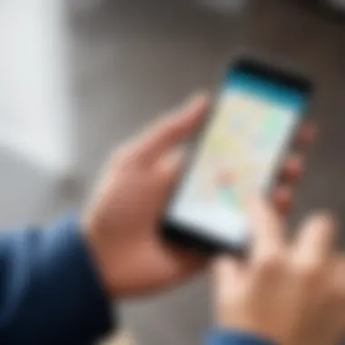 Person using a smartphone to locate services on a digital map