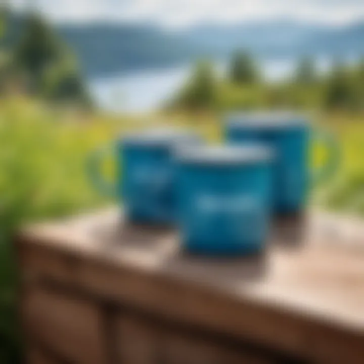 A serene outdoor scene featuring an enamel mug