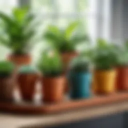 A beautifully arranged set of pots with trays showcasing various plants.