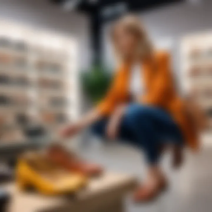 A shopper examining quality shoes in a trendy footwear boutique