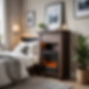 Cozy ambiance created by a small electric fireplace in a bedroom