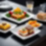 Elegant square plate arrangement with gourmet dishes