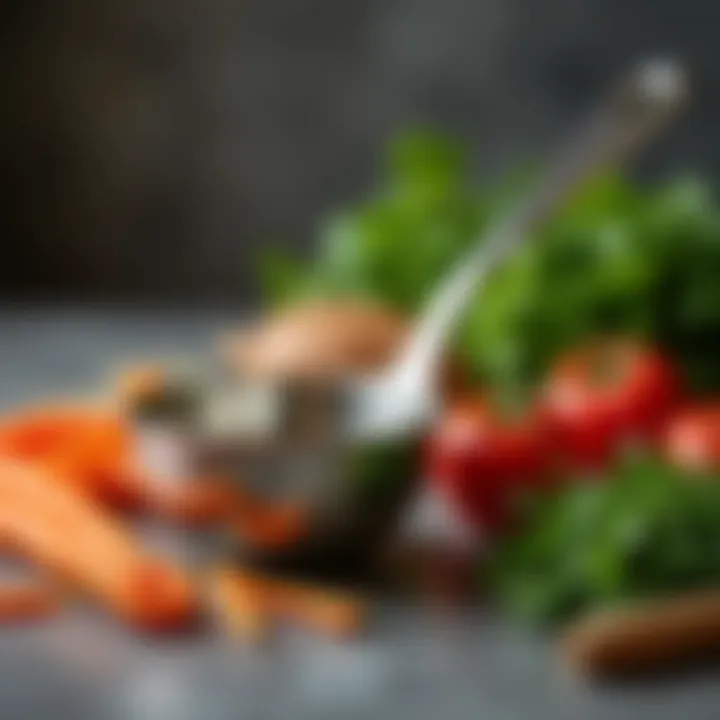 A stainless steel ladle alongside fresh ingredients in a kitchen setting