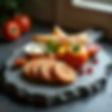 Close-up of food arranged on a stone board