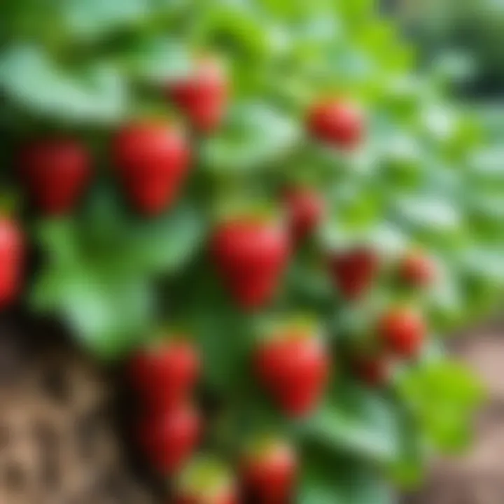 Close-up of strawberry plants flourishing in a layered garden structure.