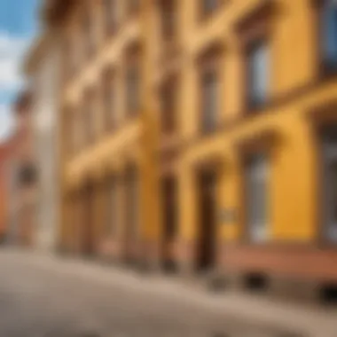 Architectural details of buildings lining Stroiteli Street in Orsk