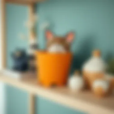 Stylish Cat Pot on a Modern Shelf Stylish cat pot on a modern shelf with decorative items