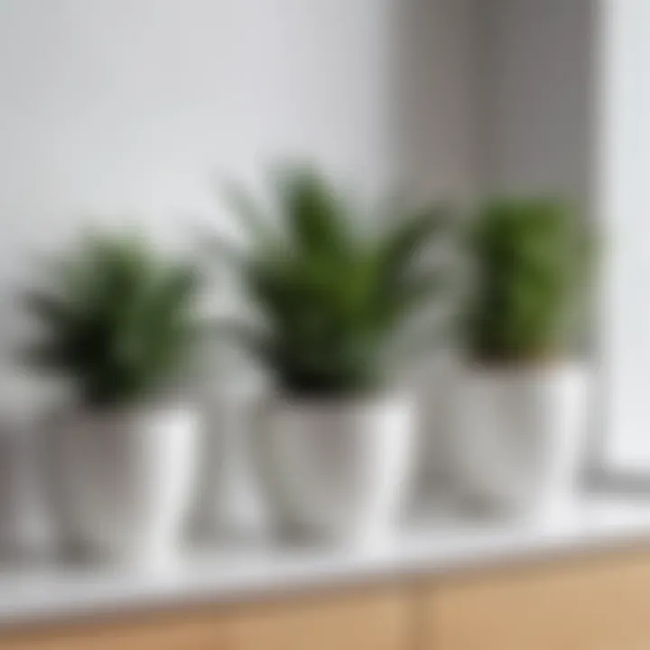 Stylishly arranged white plastic pots on a modern interior shelf