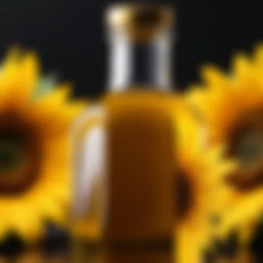 A close-up view of sunflower oil in a clear glass bottle showcasing its vibrant golden color.