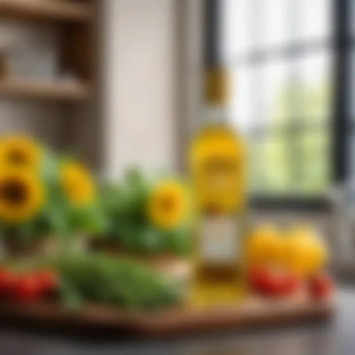 A beautifully arranged kitchen setting with a bottle of sunflower oil next to fresh vegetables and herbs.