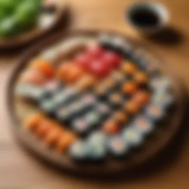 Assortment of sushi rolls displayed on a bamboo mat