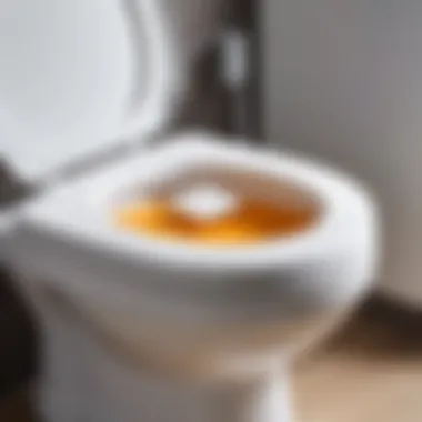 Close-up of a toilet tank with a cleaning tablet visibly placed inside.