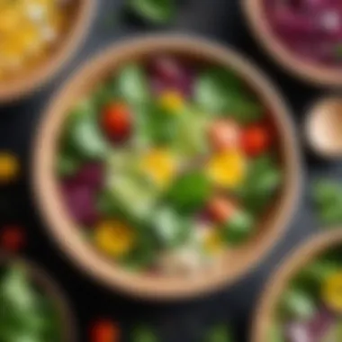 Close-up of the textures and materials of a salad bowl set