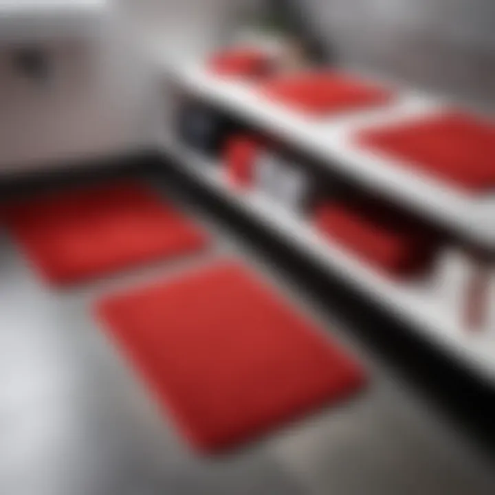 Variety of red bathroom mats displayed in a showroom