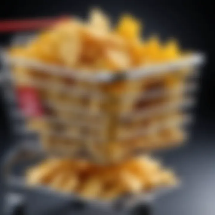 A shopping cart filled with large bags of chips, highlighting bulk purchasing.