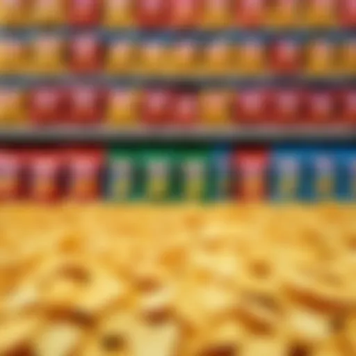 A vibrant display of various brands of large bags of chips in a supermarket aisle.