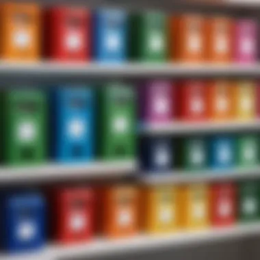 Colorful savings boxes lined up on a shelf