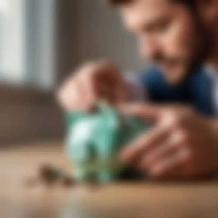 A person contemplating savings with a money box in hand