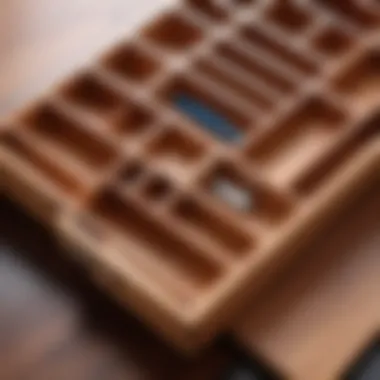 Close-up view of a wooden organizer highlighting craftsmanship and texture