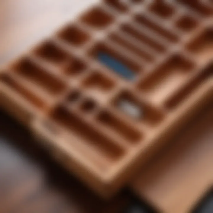 Close-up view of a wooden organizer highlighting craftsmanship and texture