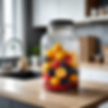 Creative storage solutions using a three-liter jar in a modern kitchen setting.