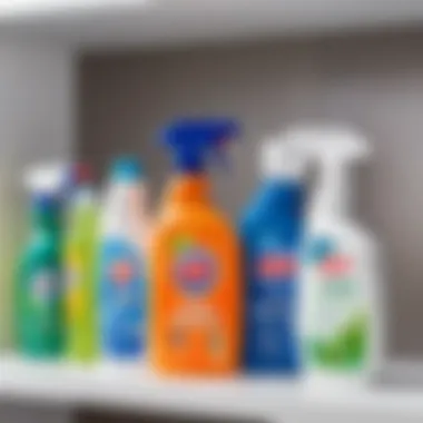 A side-by-side comparison of different brands of toilet cleaning sprays on a shelf.