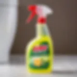 A close-up view of a toilet cleaning spray bottle showcasing its label and ingredients.