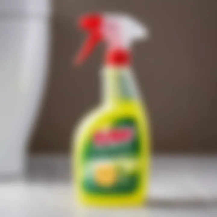 A close-up view of a toilet cleaning spray bottle showcasing its label and ingredients.