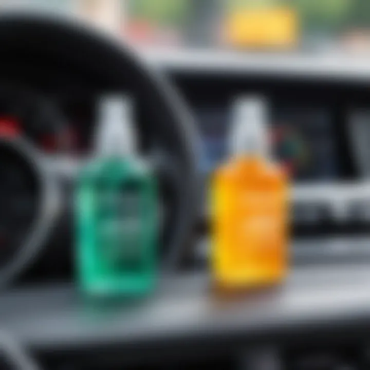 Variety of air fresheners lined up on a car dashboard