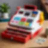 Colorful toy cash register with various accessories