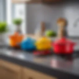 Colorful toy kitchen accessories displayed on a countertop