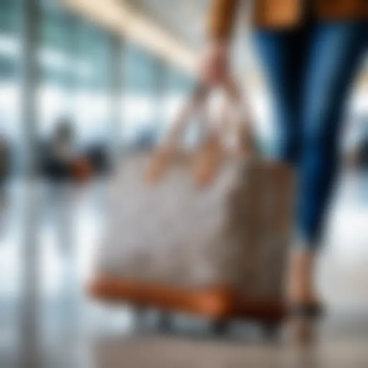 Traveler using a checkered bag at an airport