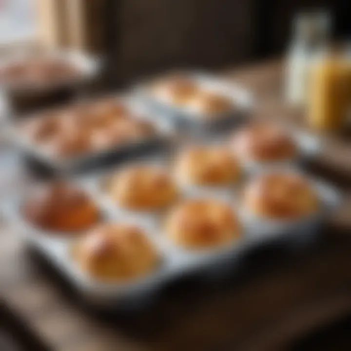 Variety of baked goods in disposable aluminum molds presented on a rustic table