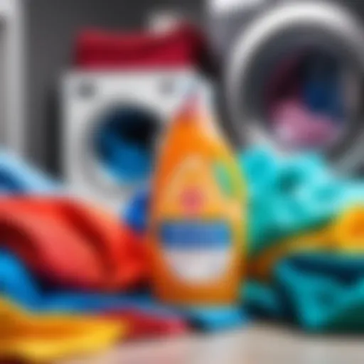 A bottle of laundry gel surrounded by colorful clothes