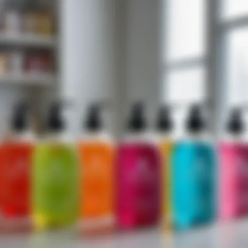 A vibrant array of liquid soap bottles showcasing various colors and textures.